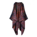 Poncho vintage con capucha para otono e invierno, elegante capa con estampado cachemira. - Azul marino