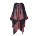 Women's knitted plaid poncho cape, stylish open-front thermal shawl for outdoor travel. - Navy Blue