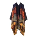 Vista detallada del poncho capa de mujer con estampado de cuadros, cálido y elegante abrigo. - Azul Marino y Naranja