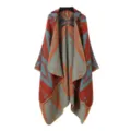 Poncho con capucha de punto etnico geometrico para mujer otono invierno abrigo. - Naranja
