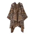 Damen boho gestrickter offener Poncho vintage ethnische Stammesmuster Cape Umhang Mantel - Oberteile / Camel
