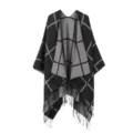 Capa chal a cuadros negro y gris con flecos, ropa de abrigo cómoda para las mujeres. - Negro