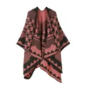 Details des Damen Strick Poncho Cape mit klassischem Hahnentritt und ethnischem Muster. - Rosa