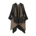 Damen Herbst Winter Karo Kaschmir Gefühl Umhang Schal offene Vorderseite Poncho Design - Morgenmantel / Schwarz Kamel