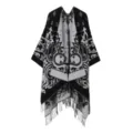 Schwarz weiss gemustertes Strick Poncho Cape, stilvoller offener warmer Fransen Schal fuer Damen - Schwarz Weiß