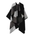 Damen Strick Colorblock Poncho Geometrisch Asymmetrisch Cape Lässig Offene Vorderseite Schal - Schwarz