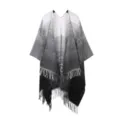 Black and white gradient knit poncho shawl with fringe, cozy warm outer cape scarf for women. - Black and White