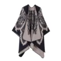 Mujer estilo étnico capa tejida chal, estampado retro envolvente, cómodo poncho de otoño. - Bata / Azul marino