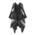 Stylish women winter striped tassel cape shawl poncho, elegant outerwear for office daily. - Tops / Black