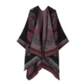 Gemütlicher Damen Kaschmir-Imitat Poncho mit ethnischem Paisley Muster und bunten Streifen. - Schwarz Rot