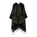 Schwarzer und olivgrüner Paisley-Muster Quasten Umhang, stilvoller warmer Poncho Damen. - Dunkelgrün