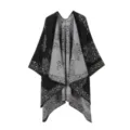 Detail view of women's black grey leopard print knit cape shawl winter warm cloak. - Robe / Black