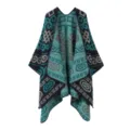 Vista detallada del poncho capa para mujer con estampado geométrico étnico vintage. - Talla única / Bata / Azul lago