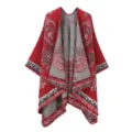 Elegantes rot-graues Kaschmir-Imitat Cape mit Paisley-Muster, warmer Fransen-Poncho für Damen. - Rot