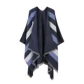 Women's blue striped knitted poncho cape with fringe detail, cozy autumn winter outerwear. - Tops / Blue