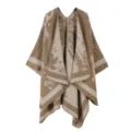 Women knit poncho cape open front winter warm shawl vintage patterned cozy outerwear scarf - Tops / Khaki