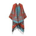Gemütlicher Damen Strick Poncho mit Fransen Paisley Muster offener Umhang für Reisen - Orange-Blau