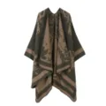 Thickened knit cloak cape for women, dark vintage reversible design with stylish striped hem. - Tops / Green