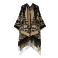 Detailansicht des schwarz-beigen Kaschmir-Pashmina-Schals mit Fransen und Paisley-Muster. - Schwarz Kamel