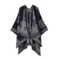 Detailed view of the soft knit leopard print cape texture, showing elegant drape and cozy fabric. - Robe / Navy Blue