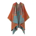 Mantella scialle lavorata a maglia stile vintage, aperta davanti jacquard arancione blu. - Carpa che salta la porta del drago - arancione