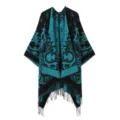Schickes schwarz-türkis Paisley Quasten Poncho Cape, vielseitig warm für Reisen und Alltag. - Schwarz Blau