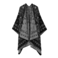Schwarz weiße Strick Cape Schale mit vintage Paisleymuster offene Front modischer Umhang - Schwarz