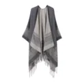 Damen geometrische Fransen Schal Umhang offene Front Winter warme Wrap Poncho Mode. - Grau