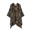 Detailansicht des schwarz-braunen Strick-Ponchos mit geometrischem Kettenmuster, ethnic Cape. - Schwarz Kamel