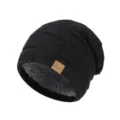 Herren Winter Fleece gefütterte Strickmütze, warme Oversize Beanie Mütze mit Lederpatch. - Schwarz