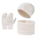 Winter 3-piece set includes warm knit beanie, touch screen gloves and fleece lined scarf. - Three-Piece Set / White