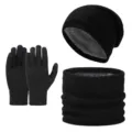 Winter fleece knit 3-piece set with beanie hat touchscreen gloves and cozy warm neck warmer - Three-Piece Set / Black