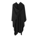 Black knitted cloak shawl fabric and drape detail view showing fine texture and elegant folds. - Black