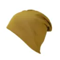 Gros plan détaillé d'un bonnet slouchy en coton jaune moutarde, texture tricot douce et chaude. - Jaune