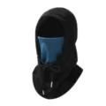 Close-up detail of the thermal winter fleece balaclava hood, showing soft blue inner mask. - Black & Blue Color Block