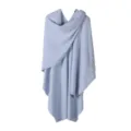 Light blue knitted open poncho shawl, soft core-spun yarn wrap cape detail view. - Light Blue