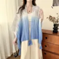 Women gradient knitted hollow shawl tassel cape thin outerwear for office air-conditioned room - Gradient Hollow Shawl / Blue