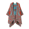 Ethno Stil gewebter rot-blauer geometrischer Muster Poncho Schal, ideal für Reisen im Freien. - Orange