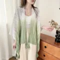 Gradient white and green knitted women shawl, hollow out tassel cape for office or casual wear. - Gradient Hollow Shawl / Green