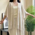 Women hollow knit shawl fringe cape beige elegant cardigan cover up casual outdoor outerwear. - Ussuri Hollow Shawl / Beige