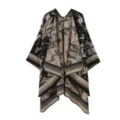 Vintage geometrischer Strick Umhang Schal für Damen, stilvoller offener Poncho Mantel. - Morgenmantel / Schwarz Khaki