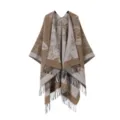 Elegante mantella poncho in maglia da donna con frange motivo floreale abbigliamento inverno - Farfalla e girasole - Cachi