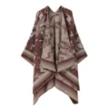 Bohomian geometrischer Strick Umhang Schal Damen offene Front Retro Poncho Oberbekleidung. - Morgenmantel / Kaffeebraun