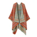 Damen doppelseitiger Strick Schal Umhang, orange blaues Paisley Muster, stylisches Retro Cape. - Orange