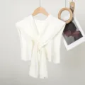 White knitted twist shawl scarf fake sleeves versatile outer wear elegant chic accessory variant. - Double Stripe Shoulder Cape / White