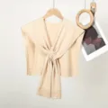 Beige knitted crossover shawl stylish summer cape lightweight hollow out outerwear layer - Double Stripe Shoulder Cape / Beige