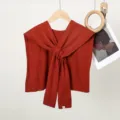Women knitted cross knot shawl stylish casual outerwear elegant autumn winter wrap cape top - Double Stripe Shoulder Cape / Brick Red