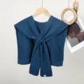 Stylish dark blue knitted fake collar shawl with twisted front design for women fashion apparel. - Double Stripe Shoulder Cape / Teal