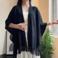 Black knitted shawl cape for women, hollow out tassel design, lightweight summer cover up - Ussuri Hollow Shawl / Black