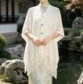 Women summer knit hollow out fringe shawl cardigan ethnic style elegant outerwear top - Buckle Hollow Cardigan / White
